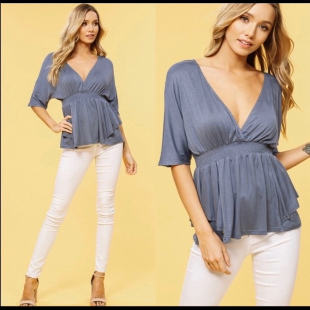 Glamvault Blue Gray V-Neck Peplum Top NEW